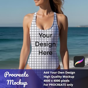 May include: A white one-piece swimsuit with a grid pattern and the text "Your Design Here." The swimsuit is a mockup, with the words "Procreate Mockup" and additional text at the bottom. The background is a beach scene.