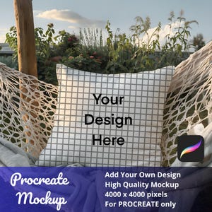 May include: A white pillow with a gray grid pattern and the text "Your Design Here" is displayed in a hammock. The image also includes the text "Procreate Mockup" and information about the mockup's quality and compatibility with Procreate.