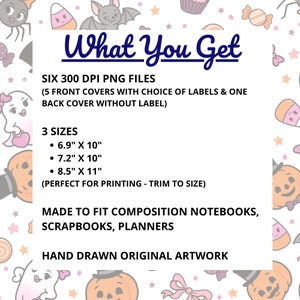 Puede incluir: Un fondo blanco con ilustraciones tem&aacute;ticas de Halloween rodea el texto "What You Get". El texto describe seis archivos PNG de 300 DPI en tres tama&ntilde;os: 17,5 cm x 25,4 cm, 18,3 cm x 25,4 cm y 21,6 cm x 27,9 cm. Los archivos est&aacute;n dise&ntilde;ados para cuadernos, &aacute;lbumes de recortes y planificadores.