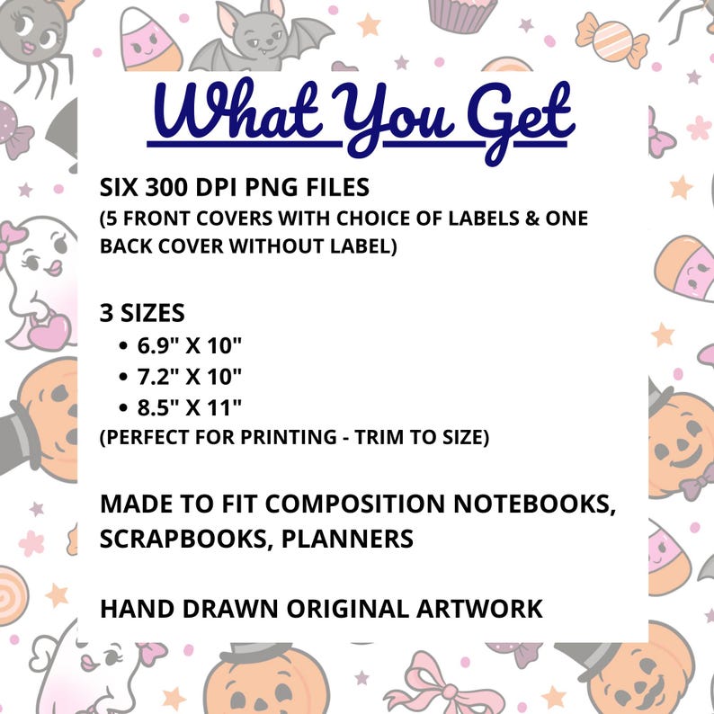 Puede incluir: Un fondo blanco con ilustraciones tem&aacute;ticas de Halloween rodea el texto "What You Get". El texto describe seis archivos PNG de 300 DPI en tres tama&ntilde;os: 17,5 cm x 25,4 cm, 18,3 cm x 25,4 cm y 21,6 cm x 27,9 cm. Los archivos est&aacute;n dise&ntilde;ados para cuadernos, &aacute;lbumes de recortes y planificadores.