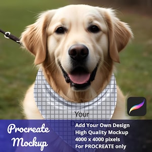 May include: A Golden Retriever wearing a bandana with a grid pattern. The dog is on a leash and has a happy expression. Text on the image reads "Procreate Mockup" and "Add Your Own Design". The image is 4000 x 4000 pixels.