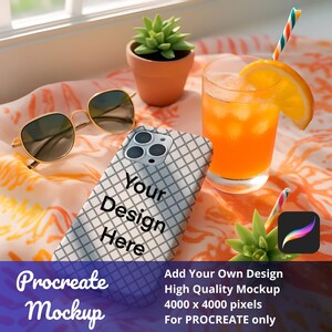 May include: A mockup scene featuring a phone case with a grid pattern and the text "Your Design Here." Gold-rimmed sunglasses, a glass of orange juice with a straw and orange slice, and a small potted succulent are also present. The words "Procreate Mockup" are at the bottom.