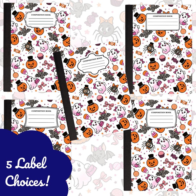Puede incluir: Cinco cuadernos de composici&oacute;n con un patr&oacute;n de Halloween. El fondo blanco presenta calabazas naranjas, fantasmas, murci&eacute;lagos, ara&ntilde;as y caramelos. Cada cuaderno tiene un lomo negro y una etiqueta que dice "COMPOSITION BOOK". La imagen tambi&eacute;n incluye el texto "5 Label Choices!"