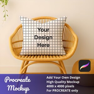 May include: A square pillow with a grid pattern and the text "Your Design Here" is displayed on a wicker chair. The image also includes the text "Procreate Mockup" and "Add Your Own Design".