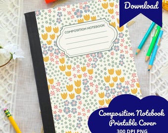 Cubierta de cuaderno con composición floral personalizada e imprimible: patrón de flores pastel para agenda personal y útiles escolares.