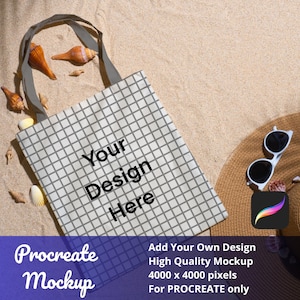 May include: A white tote bag with a gray grid pattern and gray handles, with the text "Your Design Here". The bag is on a sandy surface with seashells, a straw hat, and sunglasses. The image also includes the text "Procreate Mockup".