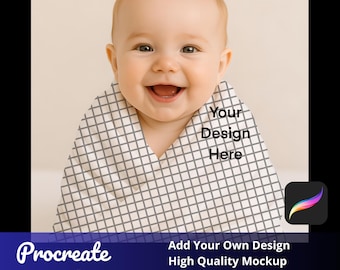 May include: A smiling baby wrapped in a gray and white checkered blanket. The text "Your Design Here" is visible on the blanket. The image also includes the text "Procreate Mockup" and details about the mockup.