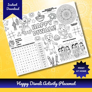 Diwali Kids Activity Placemat: Printable Coloring, Word Search, Spot Difference - Instant Download Worksheet