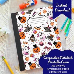 Puede incluir: Un cuaderno de composici&oacute;n con una portada tem&aacute;tica de Halloween. La portada presenta un fondo blanco con ilustraciones repetidas de fantasmas, calabazas, ara&ntilde;as, murci&eacute;lagos y caramelos. El cuaderno tiene un lomo negro y el texto "COMPOSITION BOOK" es visible. La imagen tambi&eacute;n incluye el texto "Instant Download".