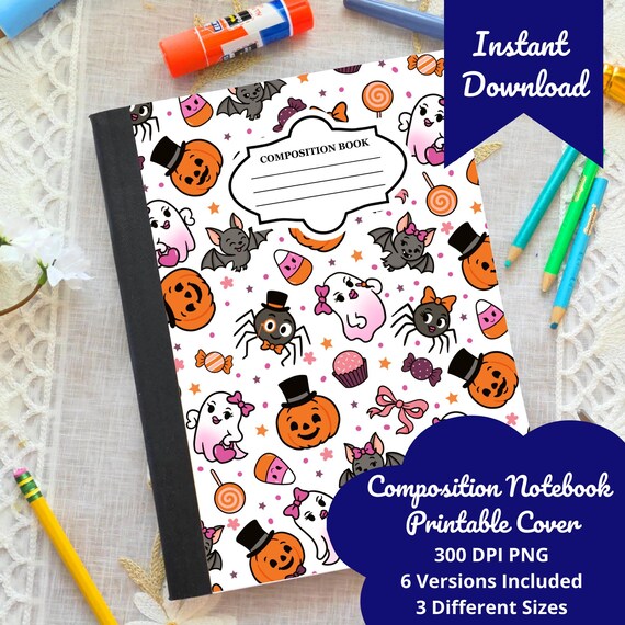 Cute Halloween Composition Notebook Cover, Printable Notebook Cover Kids, Instant Download PNG, Kawaii Ghost Bat Pumpkin, School Supplies