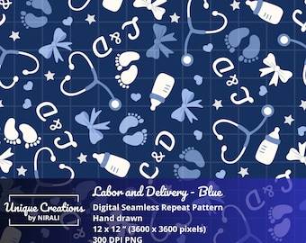 Travail et accouchement sans couture bleu : empreintes de pas de bébé, stéthoscopes (12 x 12" PNG téléchargement numérique