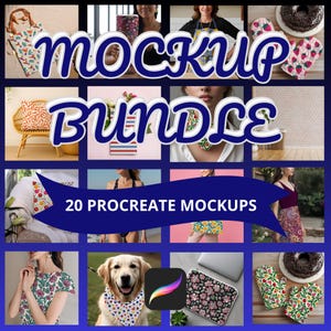Może przedstawiać: Kolekcja makiet produktów, w tym toreb, poduszek, fartuchów, rękawic kuchennych i odzieży, z kwiatowymi i wzorzystymi wzorami. Tekst "MOCKUP BUNDLE" i "20 PROCREATE MOCKUPS" jest wyświetlany w stylizowanej czcionce.
