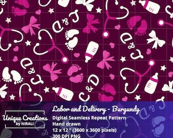 Modèle sans couture de main-d'oeuvre et d'accouchement : empreintes de pas de bébé bordeaux (12 x 12" PNG en téléchargement numérique