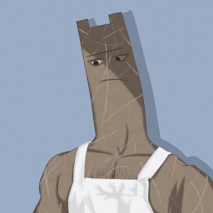 May include: Illustration of a cartoon character with a rectangular head and body, wearing a white apron. The character has a serious expression and is set against a light blue background. The character's body is a light brown color with scratch-like markings.