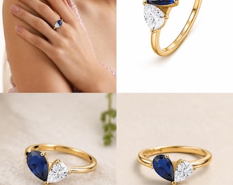 Lab Grown Slue Sapphire & Moissanite Toi Et Moi TCW 1.75 sterling silver platinum over ring, Gift for her, Engagement ring