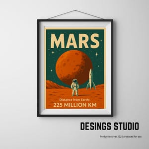 Retro Mars Space Poster – Vintage Mid-Century Wall Art – Astronaut & Rocket Digital Download – Cosmic Home Decor