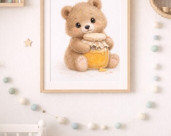 Baby Bär Kinderzimmer Wandkunst, niedlicher Bär mit Honig, Neutral Kinderzimmer Dekor, digitaler Download