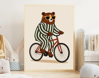 イエロー 自転車に乗ったクマのフィギュア 自転車に乗ったクマのプリント：面白い動物写真、レトロスタイル