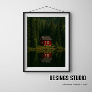 Red Cabin by the Forest Lake – Scandinavian Nature Wall Art Print