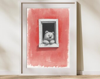 Bear in Window Nursery Art Print, Playful Kids Room Decor (Digital Download)