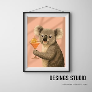 Funny Koala Wall Art – Modern Animal Cocktail Poster – Printable Digital Download