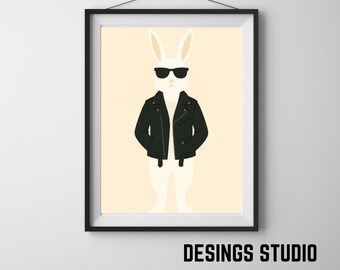 Lámina artística de conejito: chaqueta de cuero, decoración infantil (descarga digital)