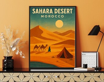 Sahara Wüsten Vintage Reiseplakat: Marokko Kamelkarawane Kunst (Digitaler Download)