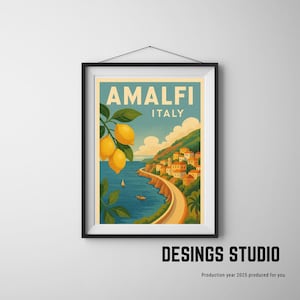 Amalfi Italy Vintage Travel Poster – Retro Coastal Wall Art Printable, Mid Century Decor