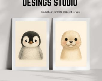 Penguin & Seal Nursery Prints – Arctic Animal Wall Art, Set of 2