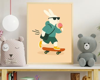 Bunny with Ice Cream Print | Whimsical Kids Room Poster | Playful Decor