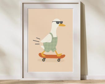 Skater Duck Nursery Print – Minimalist Animal Art (Digital Download)