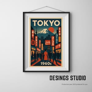 Tokyo 1960s Poster – Vintage Japan Travel Print, Retro Cityscape Wall Art, Mount Fuji Neon Street Digital Download
