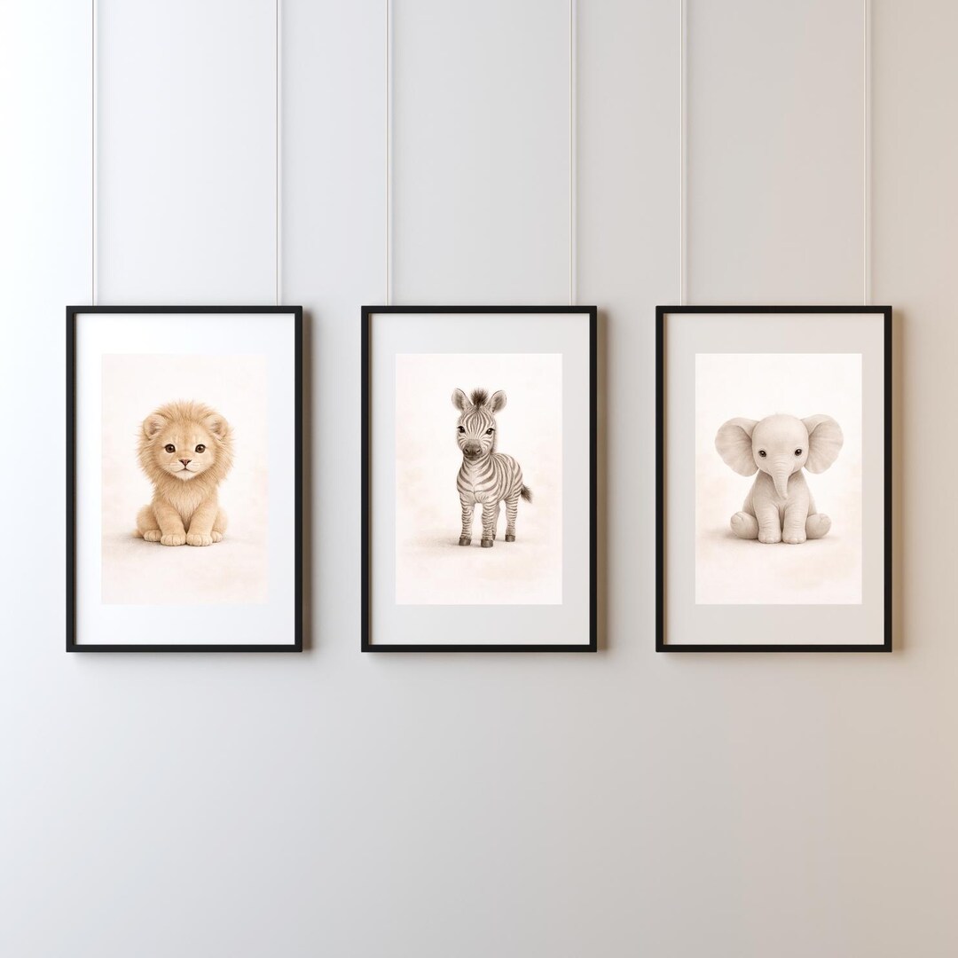 Safari Nursery Wall Art Set of 3, Lion Zebra Elephant Prints, Neutral ...