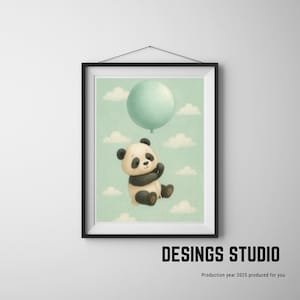 Panda Balloon Nursery Print: Mint Green Sky, Baby Animal Art (Digital Download)