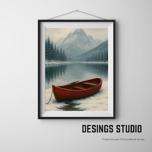 Winter Lake Cabin Print: Red Canoe, Snowy Mountain Landscape (Digital Download)