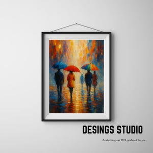 Colorful Umbrellas in the Rain - Abstract Oil Painting Print - Vibrant Wall Art - Rainy Street Scene - Instant Download