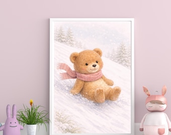 Winter Teddy Bear Nursery Wall Art, Cute Bear Illustration, Neutral Baby Decor
