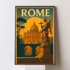 Könnte beinhalten: Ein gerahmter Kunstdruck mit einem Vintage-Reiseposter-Design für Rom. Das Kunstwerk zeigt einen goldenen Engel, der ein Kreuz hält, mit dem Text "ROME" oben. Der Hintergrund umfasst eine Kirche, eine Brücke und eine untergehende Sonne.