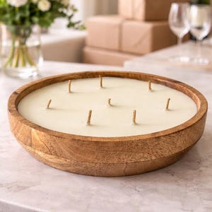 Large Wooden Dough Bowl Candle – Hand Poured Multi-Wick Soy Candle – Rustic Farmhouse Centerpiece Candle – Natural Wood Home Décor Gift image 1