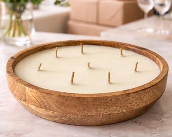 Vela grande em forma de tigela de madeira para massa – Vela de soja artesanal com múltiplos pavios – Vela rústica para centro de mesa em estilo fazenda – Presente decorativo para casa em madeira natural