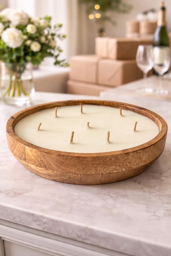Large Wooden Dough Bowl Candle – Hand Poured Multi-Wick Soy Candle – Rustic Farmhouse Centerpiece Candle – Natural Wood Home Décor Gift