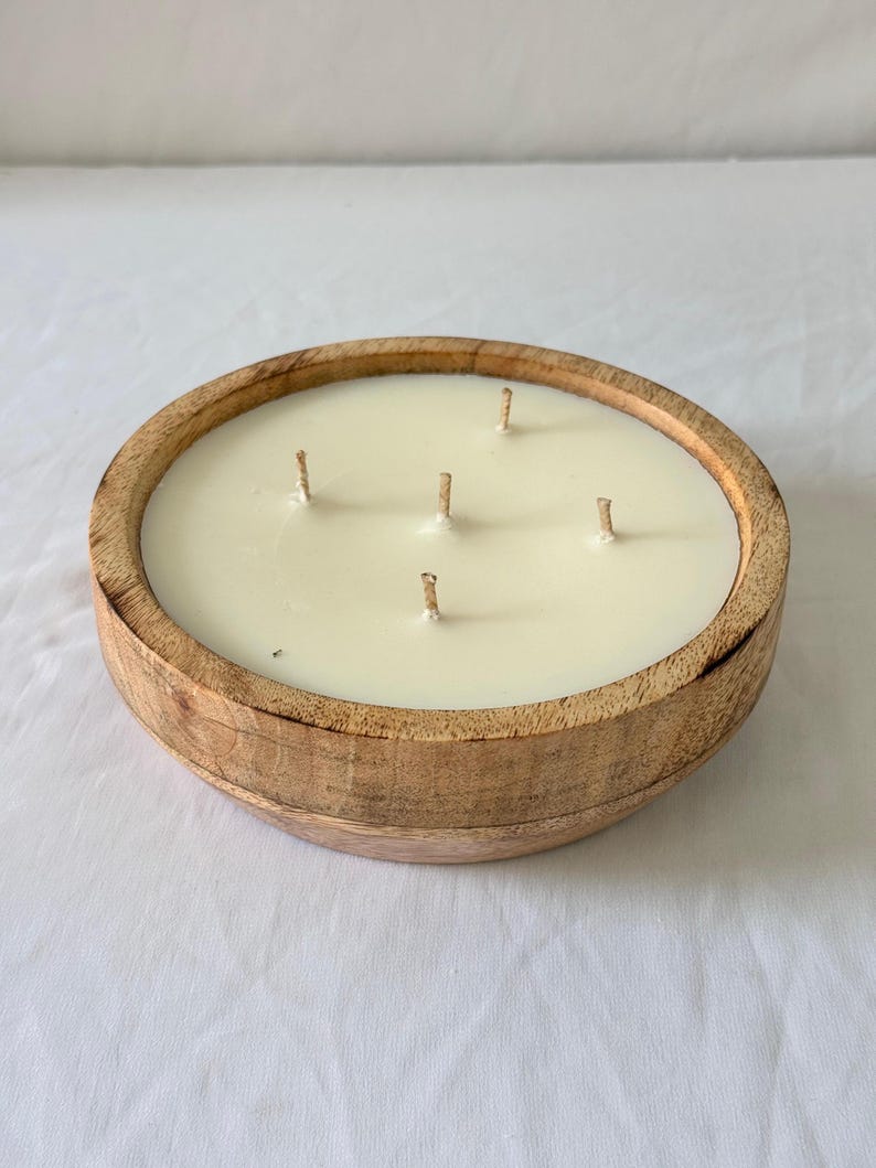 Large Wooden Dough Bowl Candle – Hand Poured Multi-Wick Soy Candle – Rustic Farmhouse Centerpiece Candle – Natural Wood Home Décor Gift Medium 6'' Inches