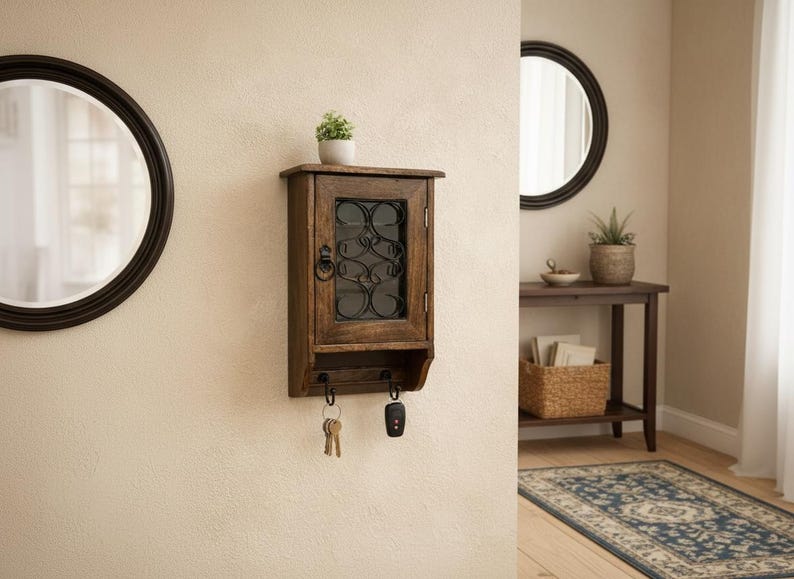 Op de afbeelding: Een houten sleutelkastje met een decoratief smeedijzeren ontwerp op de deur. De kast is gemonteerd op een beige muur en heeft een klein plankje met sleutelhaken. Bovenop staat een kleine plant.