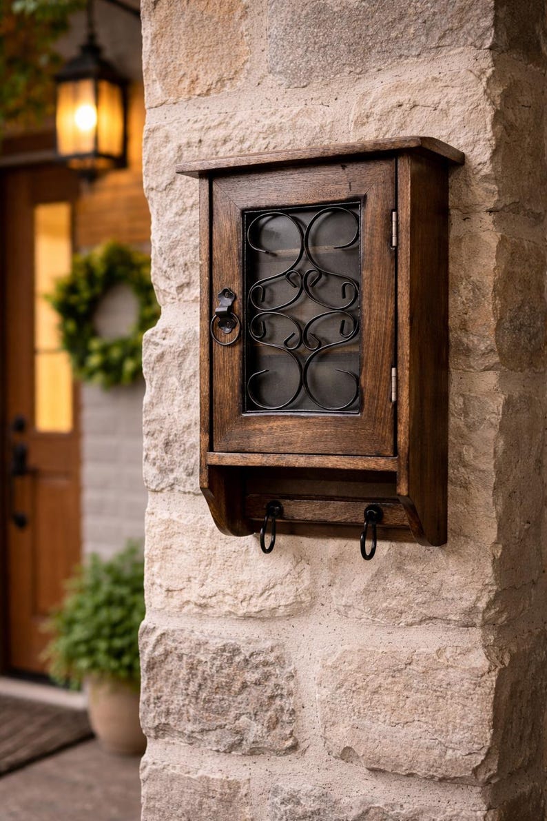 May include: A dark stained wooden key cabinet with a glass front and decorative metal scrollwork. The cabinet has a small shelf with two key hooks and is mounted on a stone wall. A charming addition to any entryway.