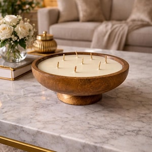 Footed Bowl Dough Bowl Candle  | Multi Wick Candle |  Farmhouse Decor| Housewarming Gift | Coffee Table Decor | Wood Bowl Candle