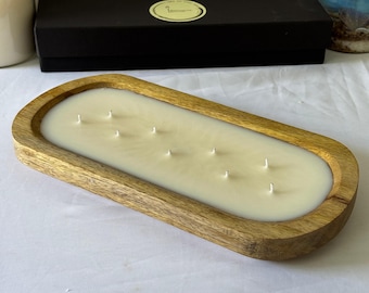 Wooden Dough Bowl Candle – Hand Poured Soy Wax Candle – Rustic Centerpiece Candle – Modern Farmhouse Decor Bowl – Large Multi Wick Candle