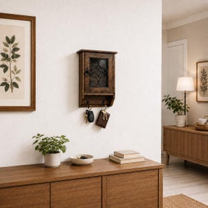 Puede incluir: Un llavero de madera marrón oscuro con un diseño metálico decorativo en la puerta. El llavero está montado en una pared blanca, con llaves colgando de los ganchos de abajo. También se ve una impresión botánica enmarcada y un mueble de madera.