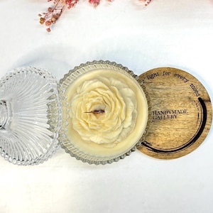 Sculpted Rose Soy Candle in Crystal Jar with Lid - Free Bamboo Coaster