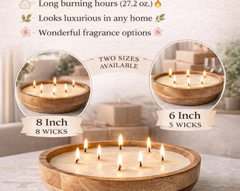 Vela redonda en cuenco de madera – Vela de soja multimecha vertida a mano – Decoración rústica de granja – Vela de madera natural para centro de mesa – Regalo para el hogar estilo bohemio