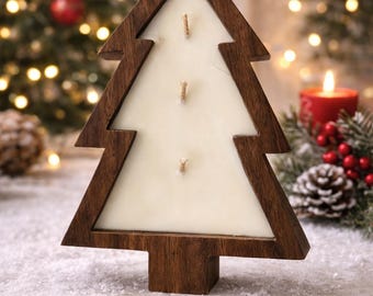 Christmas Tree Personalized Dough Bowl Candle Wooden Tree Candle Hand Poured Soy Wax Gift Multi Wick Candle Christmas gift for her Rustic